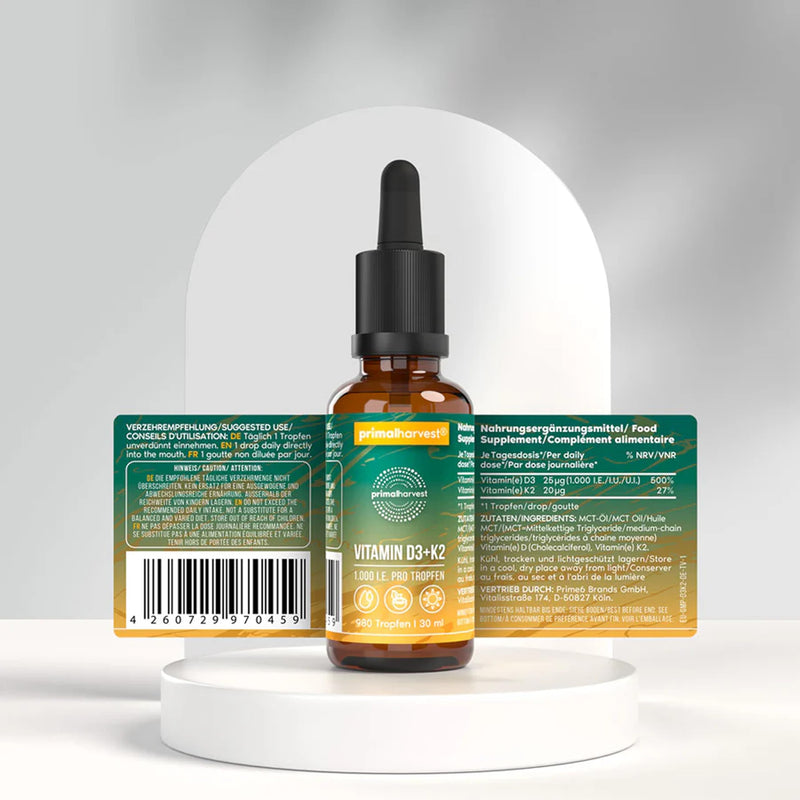 Primal Vitamin D3 & K2 Drops by Primal Harvest - Nutritional multivitamin with MCT Oil, Liquid Vitamin with Dropper Bottle, for Men and Women, 980 Drops (1 Pack) 30 ml (Pack of 1)