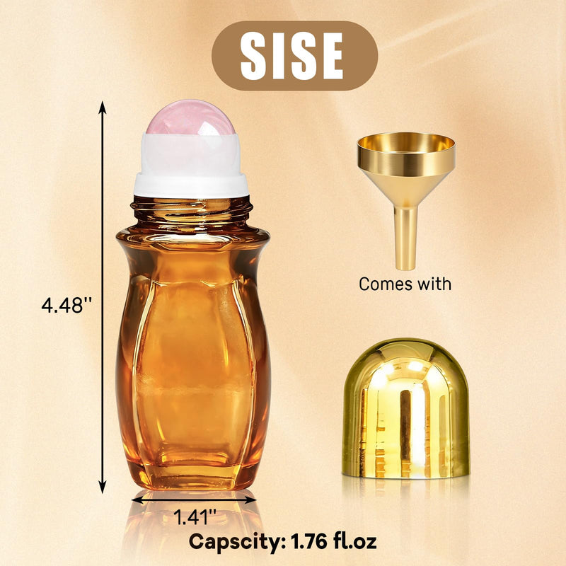 4 Pack 50ml Rose Quartz Roller Waist Bottles for Castor Oil | Refillable Amber Glass Roll-On Bottles with Natural Crystal Roller Balls,Leak-Proof Gold Caps for Essential Oils, Perfume 4 Pack