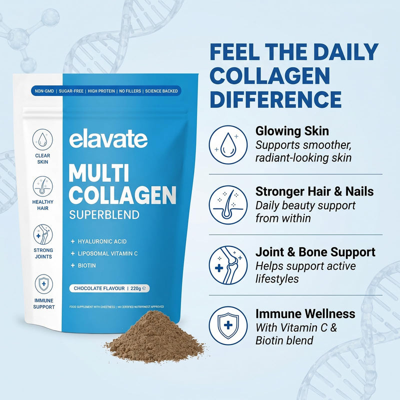 Elevate Multi Collagen Superblend Powder – Chocolate Flavor – 220g Sugar Free Protein Powder with Hyaluronic Acid & Vitamin C. Supports Healthy Skin, Hair, Nails & Joints
