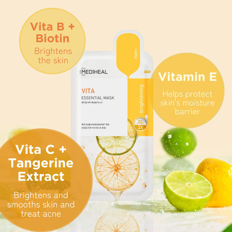 Mediheal Best Korean Sheet Mask - Vita Essential Face Mask 4 Sheets Vitamin Mask For All skin types Smoothing Tightening Toning up Brightening 4 Count (Pack of 1)