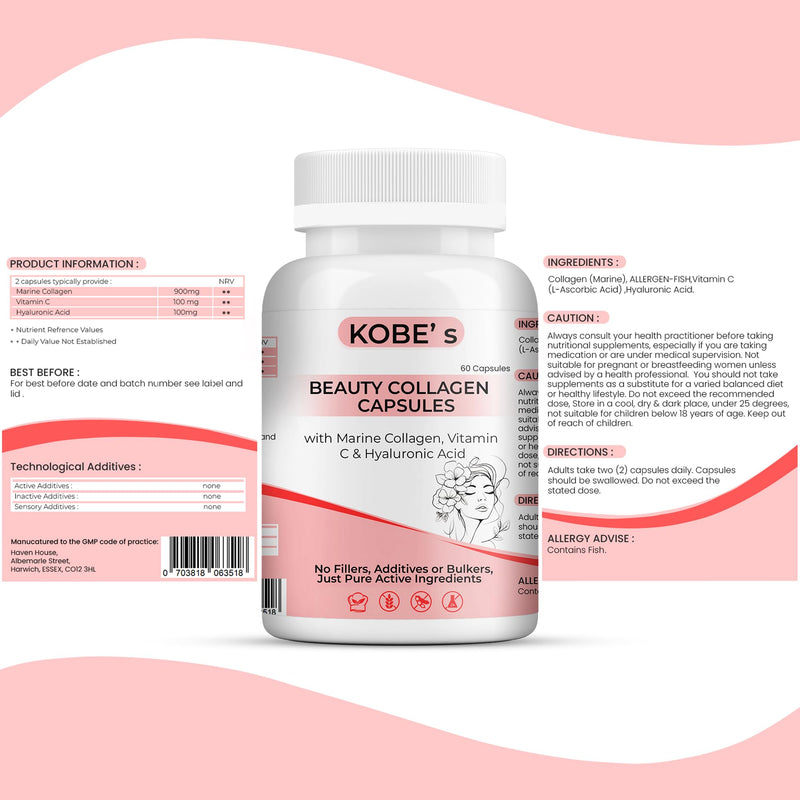 Kobes | Marine Collagen Capsules with hyaluronic Acid | high Strength Collagen | Collagen with Vitamin c | Marine Collagen Complex with hyaluronic Acid | 60 Capsules