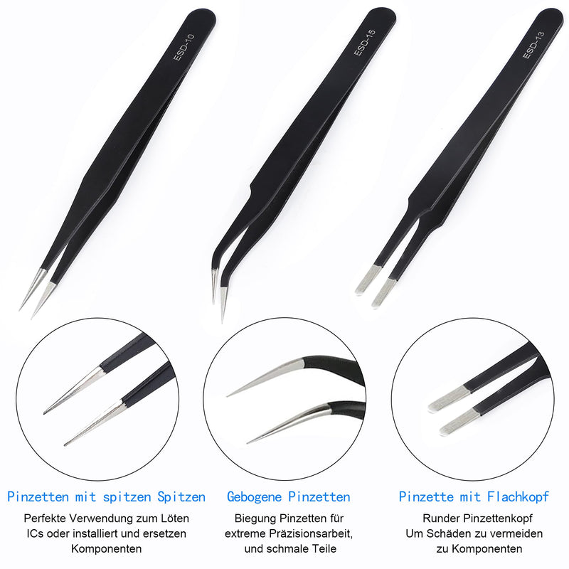 [Australia] - Tweezers set of 3 precision tweezers, anti-static ESD safety, stainless steel tweezers set, non-magnetic, for detailed work and repairs of computers, cell phones, watches 12.5 cm 