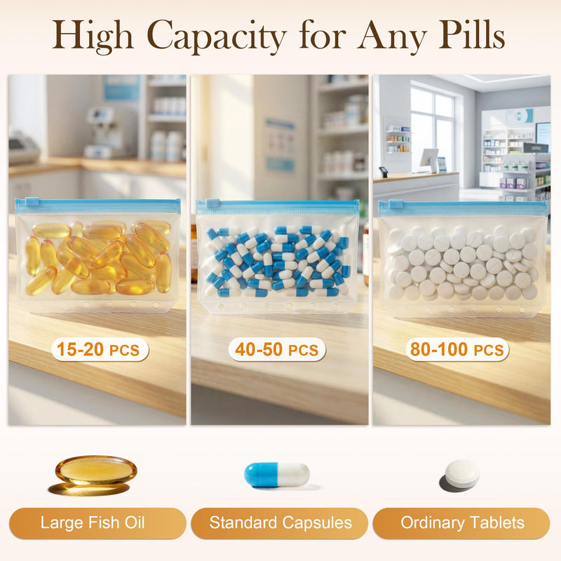 7 Pcs Pill Pouches for Travel, Reusable Pill Bags Set, Large Self Sealing Medicine Bags, Double-Sided Write-On Label, Binder-Ready Hole Design, 3.38 x 5.2 Inch 1