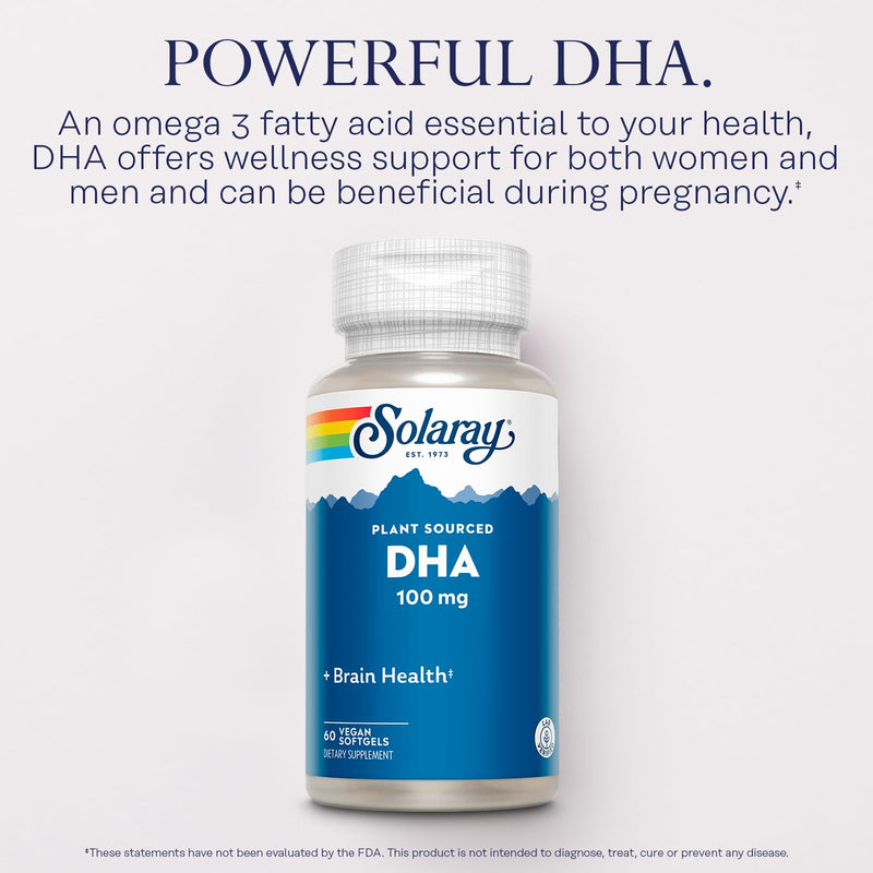 [Australia] - SOLARAY DHA Supplements 100 mg - D H A Omega 3 Fatty Acids for Wellness Support, Prenatal DHA Omega 3 Supplement - Plant Sourced from Algae Oil - 60-Day Guarantee, 60 Servings, 60 Vegan Softgels 