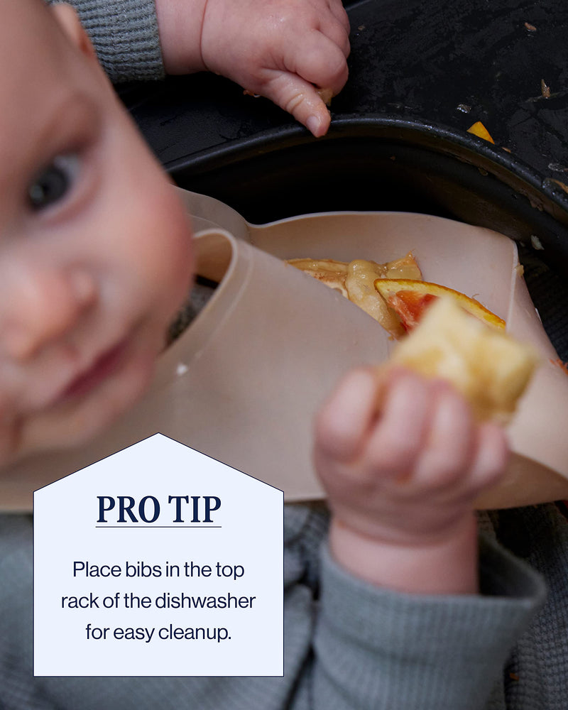 [Australia] - Lalo The Bib - Waterproof, Non-Toxic Silicone Baby Bib with Adjustable Neck Band & Silicone Food Pouch Catcher, Set of 2 Oatmeal 