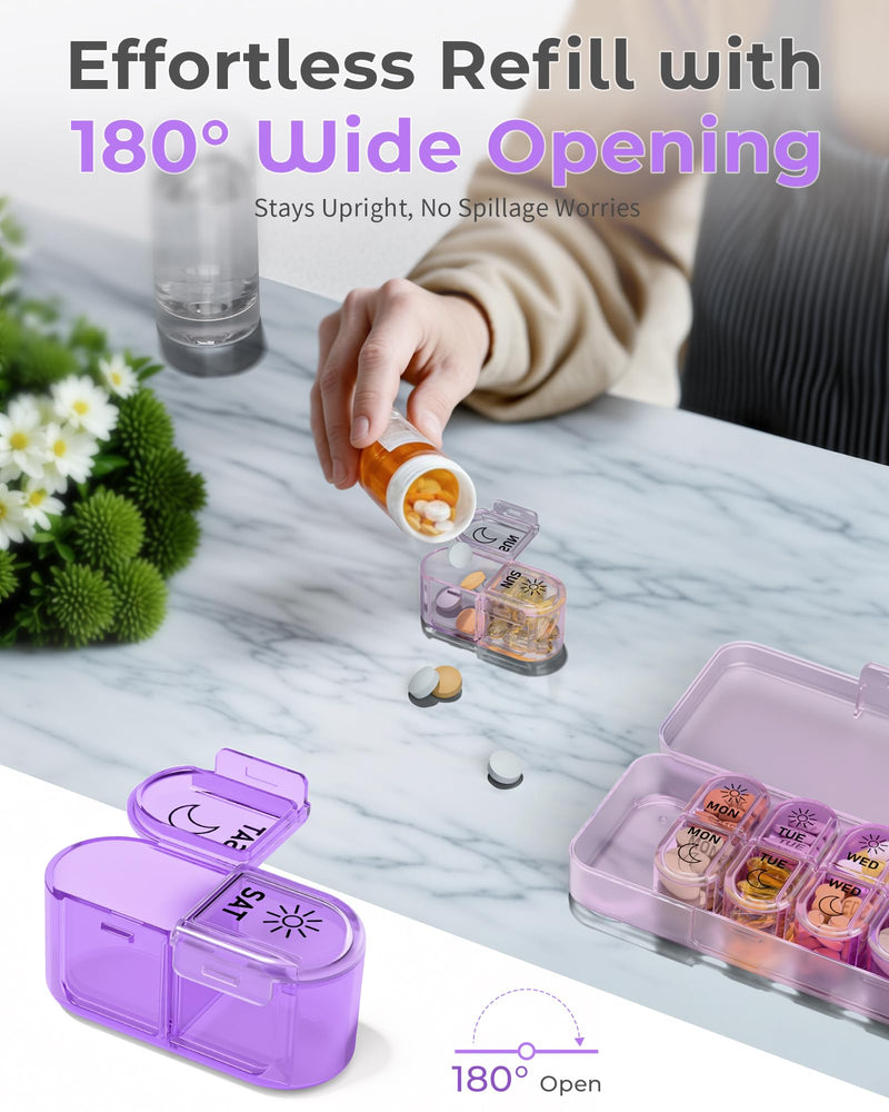 Pillex Pill Organizer, Am & Pm Pill Organizer 7 Days, Weekly Pill Case 2 Times a Day, Cute Pill Box 7 Day, Medicine Organizer for Travel, Vitamins, Fish Oils, Supplements (Gradient Pink-Purple) Gradient Pink-purple