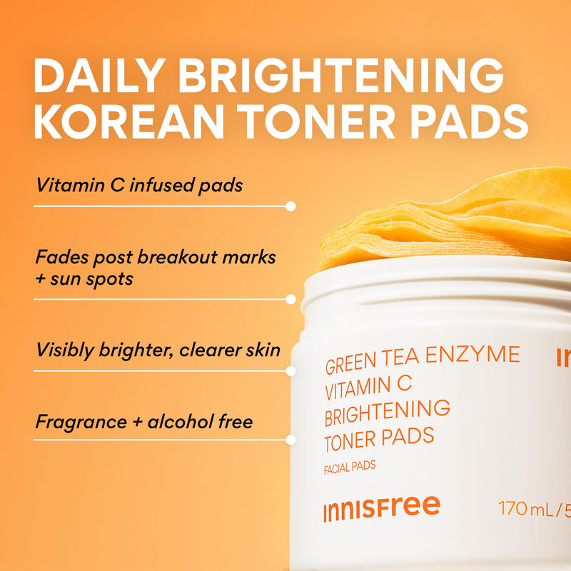 innisfree Green Tea Enzyme Vitamin C Toner Pads | Brightening Korean Face Pads with Hyaluronic Acid and Niacinamide for Dark Spots, Radiance and Even Skin Tone | 60 Pads