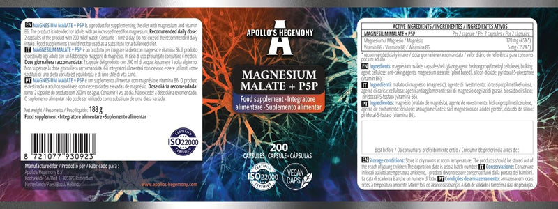 Magnesium Malate 1400 mg per Portion + Vitamin B6 (P-5-P) - 200 Vegan Capsules - 3 Month Supply - Magnesium Malate + Pyridoxal-5-Phosphate - Support Muscle and Bone Health - by Apollo's Hegemony