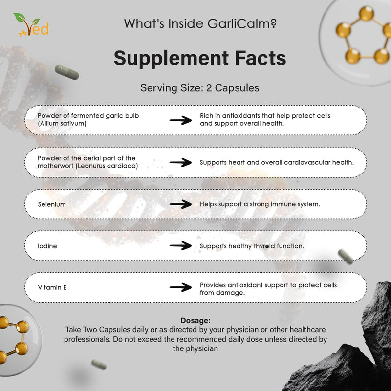 VED GarliCalm, 90 Capsules, Fermented & Odourless Black Garlic Supplement with Motherwort, Iodine & Vitamin E, Non-GMO, Halal, 2 Capsules per Day.