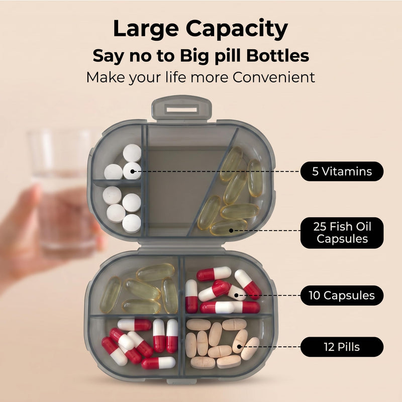 Foldable Travel Pill Organizer Box, 8 Compartments, Black | Double Protection, Weekly Medicine Container, Portable Compact, For Daily Medication Vitamins Supplements