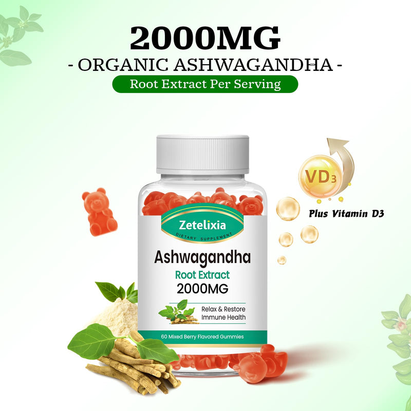 Ashwagandha Gummies, Extra Strength Vitamin D3, Organic Ashwa Root Extract Supplement for Calm Mood Relaxation & Immune Support, Mixed Berry Vegan Sugar Free Chews 60 Count 60 Count (Pack of 1)
