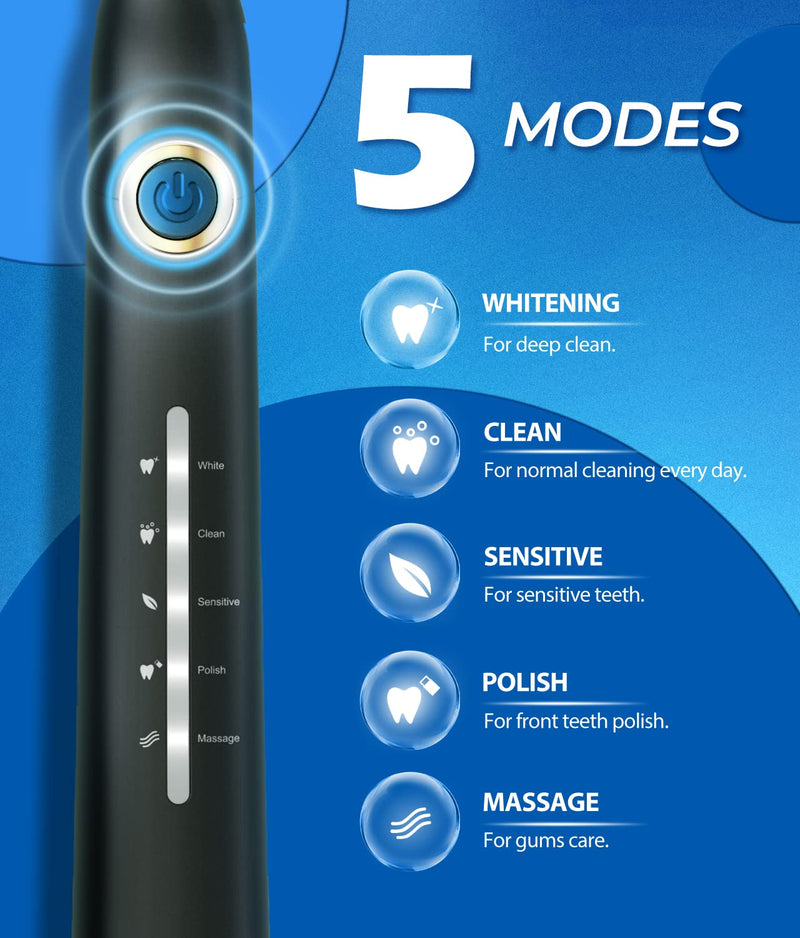 [Australia] - Electric Toothbrush for Adults with 8 𝐁𝐫𝐮𝐬𝐡 𝐇𝐞𝐚𝐝𝐬, Sonic Electric Toothbrush with 40000 VPM Deep Clean 5 Modes, Rechargeable Toothbrushes Fast Charge 4 Hours Last 30 Days Black 