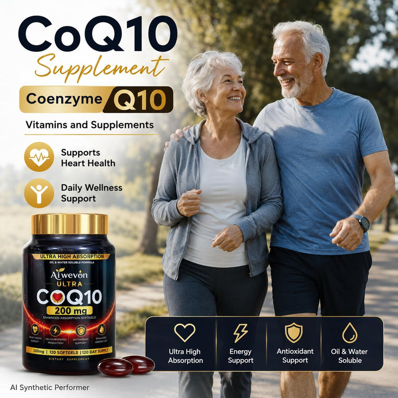 CoQ10 200mg Softgels, Coenzyme Q10 (Ubiquinone) Supplement, High Absorption Formula with Vitamin E, Antioxidant Support, Cellular Energy Support, Heart Wellness Supplement, 120 Softgels
