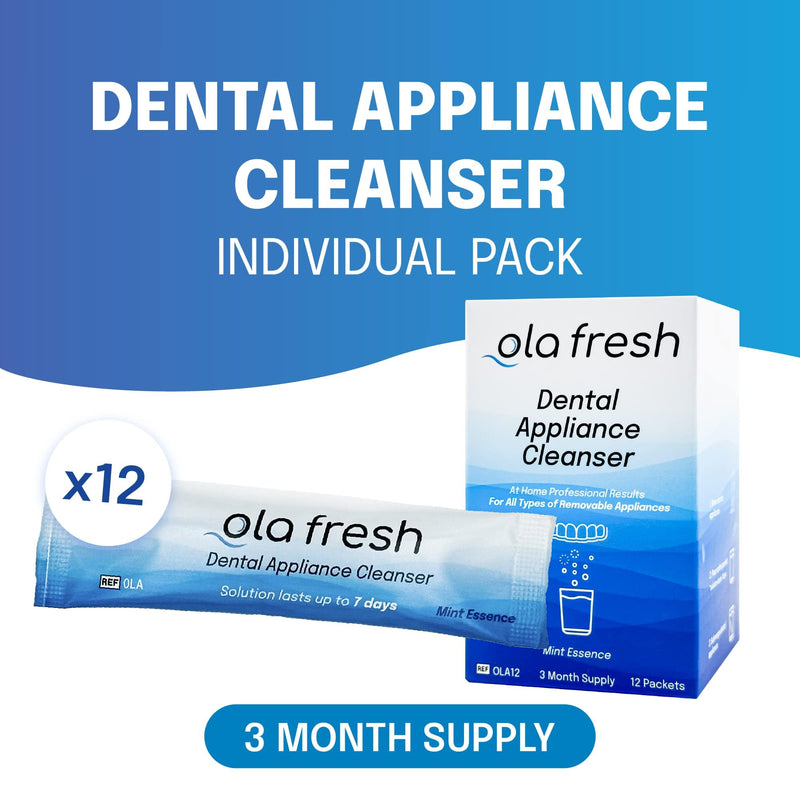 Ola Fresh Dental Appliance Cleanser, Professional Denture and Retainer Powder Cleanser (Mint Essence Flavor, 24 Packets, 3 Month Supply) ~3 Month Supply