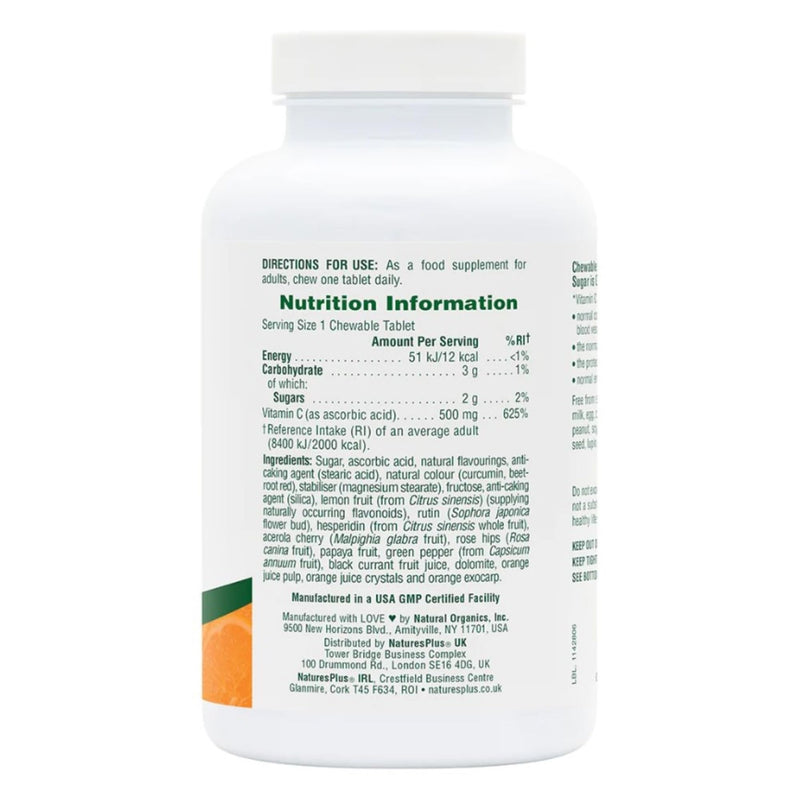 NaturesPlus Orange Juice Chewable Vitamin C 500 mg - Immune, Skin, Collagen, Antioxidant, Bone, Cartilage Support - Gluten Free, Vegan, 90 Chewable Tablets 90 count (Pack of 1)