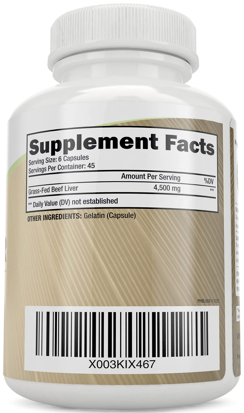 [Australia] - Grass Fed Beef Liver Capsules 4500mg - 270 Capsules, 750mg Each - Grassfed Desiccated Liver Supplement - Pasture Raised in Argentina Non GMO Hormone Free Source of Heme Iron CoQ10 Vitamins A & B12 