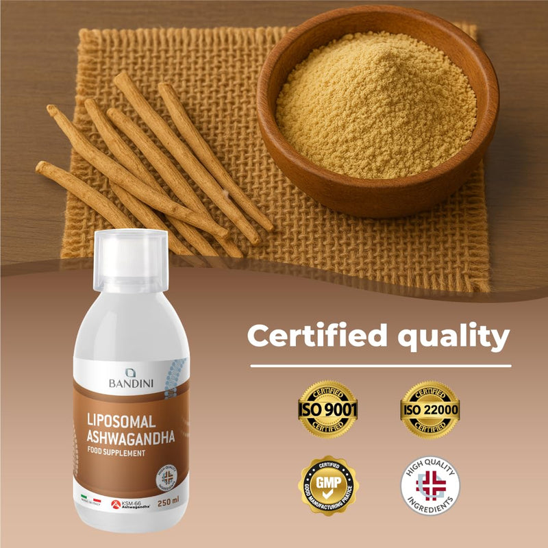 Bandini® Liposomal Ashwagandha 250 mg KSM-66 – High Strength - Higher Absorption & Bioavailability – Reduce Stress, Tiredness & Fatigue - Sleep & Brain Health Support – 250 ml Bottle, 25 Portions