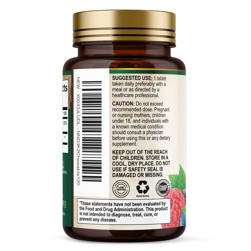 Vitamin D3 K2 Supplement | 5000 IU D3 + K2 100 mcg | MK-7 K2 with Vitamin D | Supports Immune, Heart, Teeth & Bone Health - Nature's Easy to Chew, VIT D3 K2, Non-GMO, Tasty Berry Flavor - 120 Tablets 120 Count (Pack of 1)