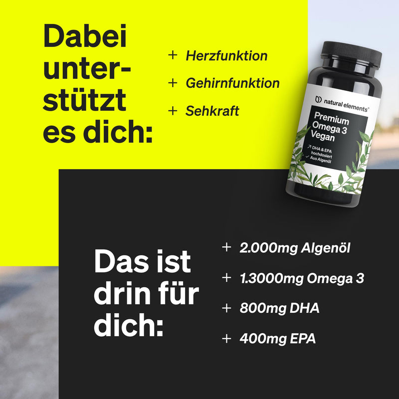 [Australia] - Premium Omega 3 Vegan - 60 capsules - 2000mg algae oil, 800mg DHA and 400mg EPA per daily dose - Omega-3 for vegans - high dosage, without unnecessary additives - produced in Germany & laboratory tested 