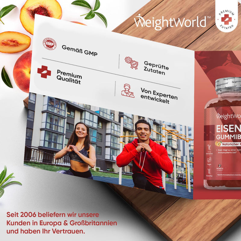 [Australia] - Iron & Vitamin C Gummy Bears - 2 Month Supply - 28mg Iron & 10mg Vit C - 120 Iron Gummies with Peach Flavor - Immune System, Metabolism (EFSA) - Alternative to Iron Tablets - WeightWorld 