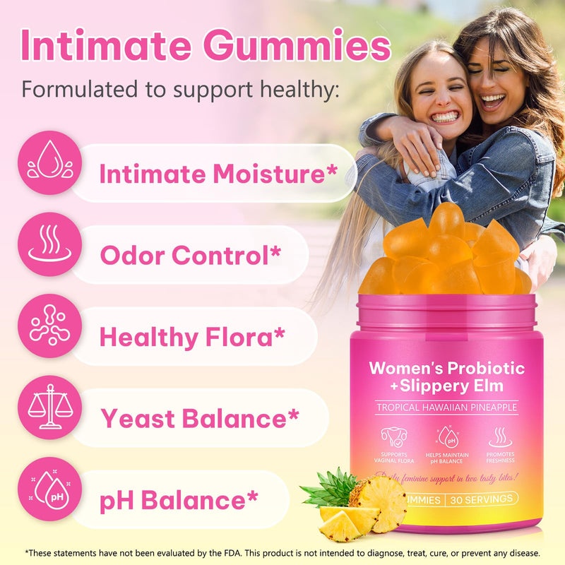 Vaginal Probiotics Gummies for Feminine PH Balance, Feminine Probiotics Gummies for Healthy Odor, Yeast Balance, Flora, Gut Health, Immune System with Slippery Elm, Prebiotics & Lactobacillus Bl