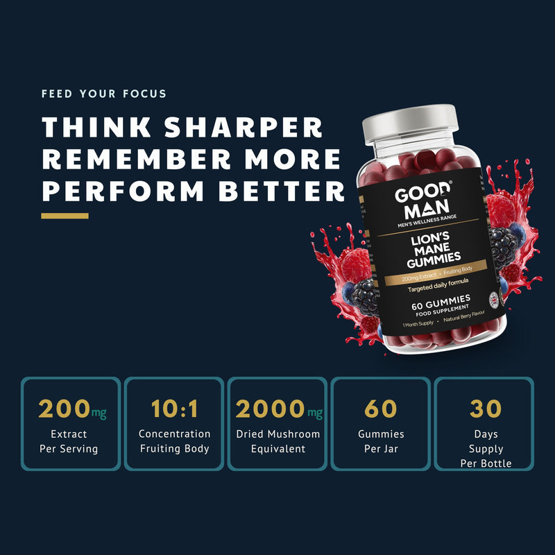 Good Man Lion’s Mane Gummies | High Strength Mushroom Supplement for Focus & Mental Clarity | 2000mg per Serving | Natural Berry Flavour | Vegans | 60 Gummies | UK Manufactured