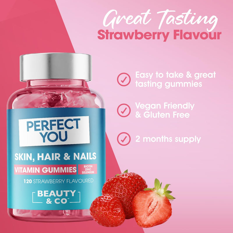 Perfect You Skin, Hair and Nails Gummies - with Biotin, Zinc & Selenium - Strawberry Flavoured Gummies (120 Count) 120 count (Pack of 1)