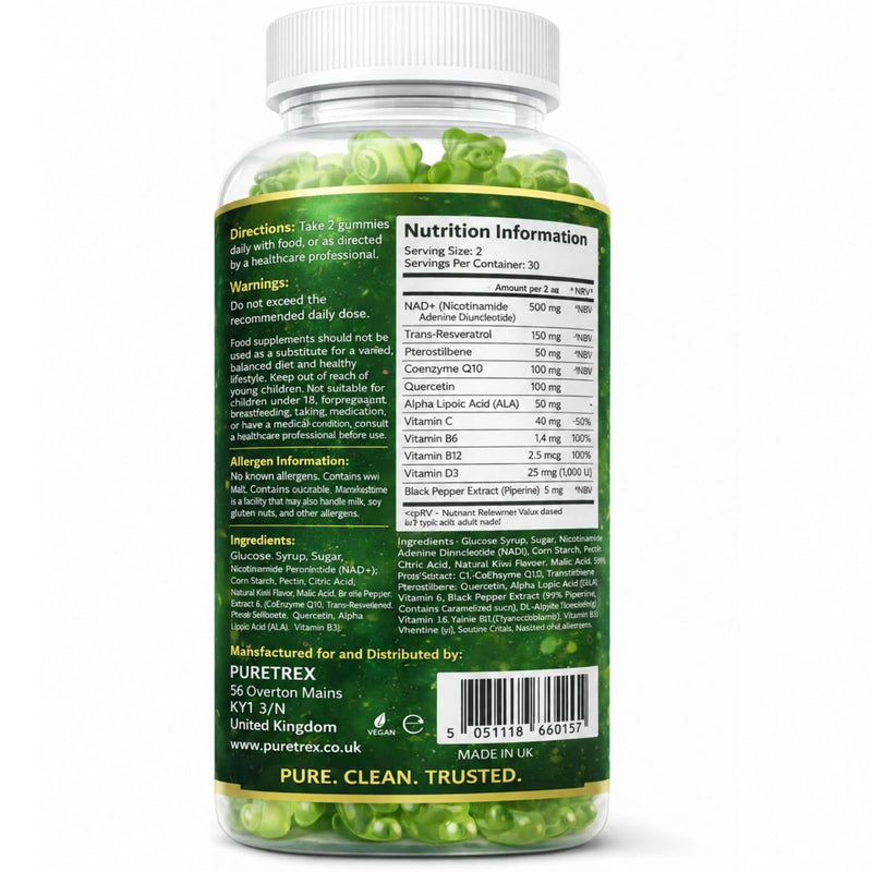 NAD+ Energy Gummies 500mg, NMNH Alternative Complex with Resveratrol, CoQ10, Quercetin, Pterostilbene & Vitamin B Complex, Cellular Energy, Anti Ageing 60 Vegan Kiwi Gummies