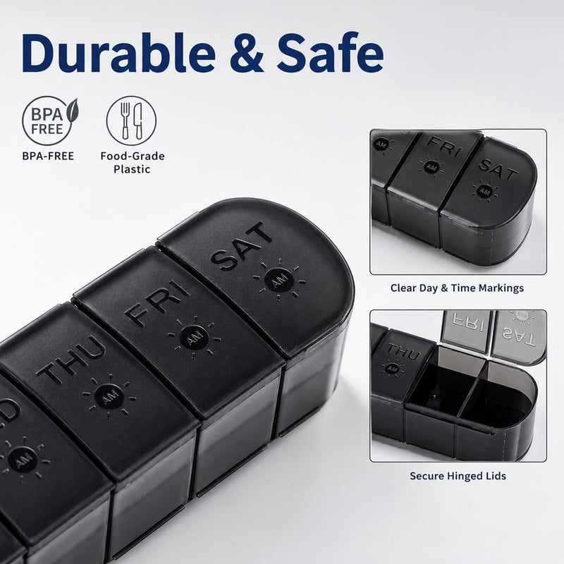 XL Weekly Pill Organizer AM PM Large Container Portable for Supplements | Day and Night,Black 7 Day Pill Case 2 Times a Day,Vitamin Holder Organizer,Travel Daily Pill Box for Fish Oil &Gummies Black