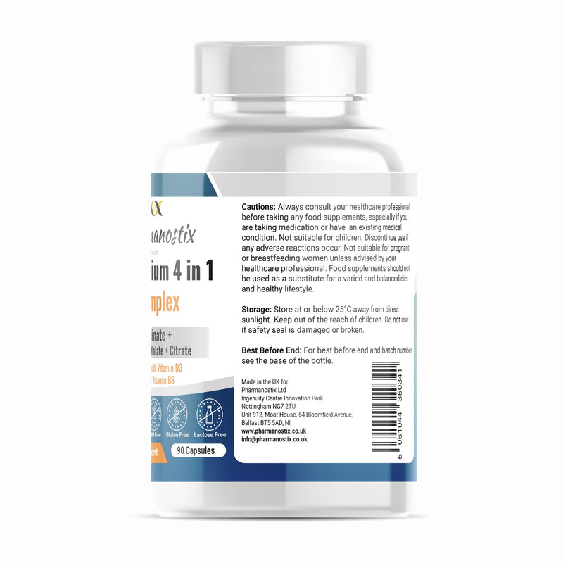 Pharmanostix Magnesium Complex 4-in-1 | Max Absorption Formula 2175mg of Magnesium Bisglycinate, Taurate, Citrate, Malate, Supported with VIT D Zinc & Vitamin B6, UK Made