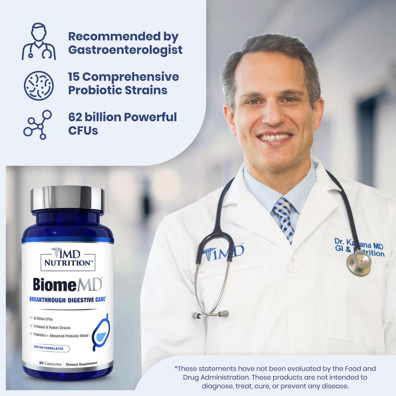 1MD Nutrition BiomeMD Probiotics | 62 Billion CFUs, 15 Comprehensive Strains - Pro & Prebiotics | Doctor-Formulated for Digestive Health & Immune Support | 30 Capsules 30 Count (Pack of 1)