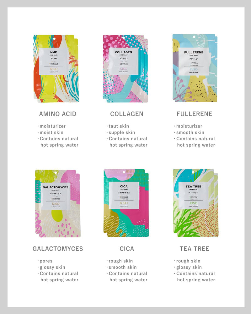 KisoCare Japanese Facial Sheet Mask Variety Pack 24 Combo Pack - Hydrating Brightening Soothing - Made in Japan Hot Spring Water, Individually Packaged