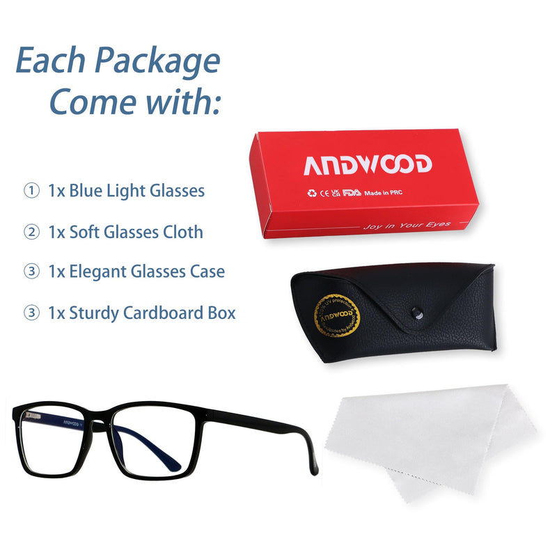 [Australia] - ANDWOOD Blue Light Blocking Glasses Men Women Computer Filter Large Frame Bluelight Blocker Anti Blue Ray Lightweight AR002 Black | Anti-blue Light Lens 