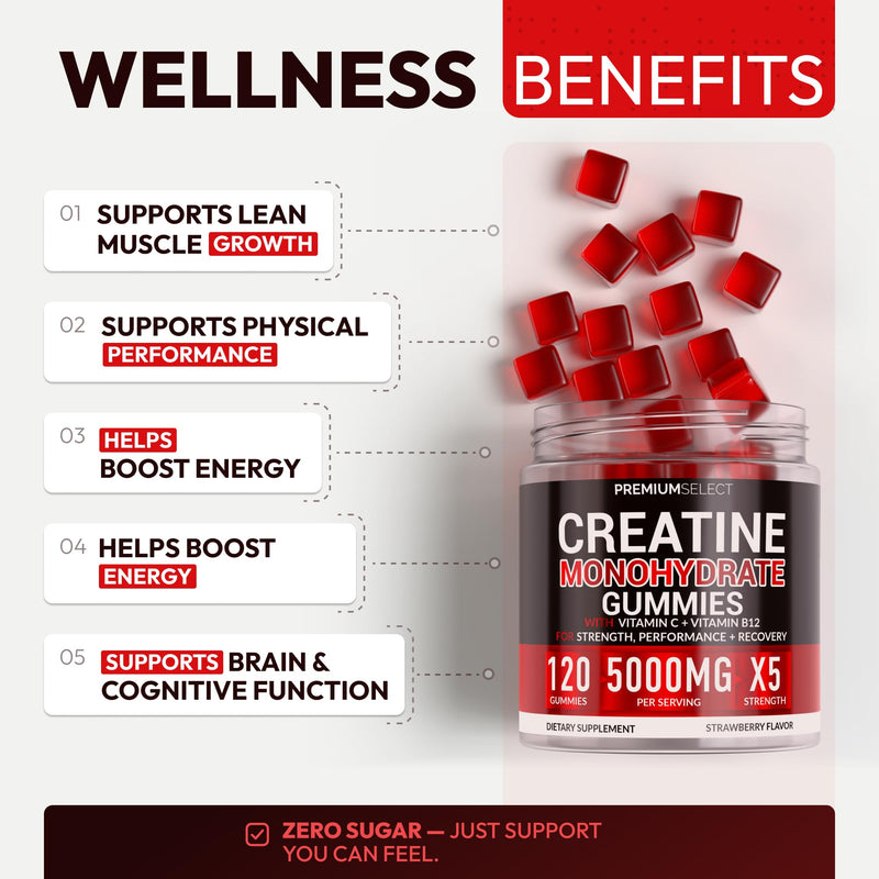 Sugar Free Creatine Monohydrate Gummies 5g Per Serving - 120 Monohydrate Creatine Gummies Advanced Complex with Vitamin C + Vitamin B12 for Muscle Strength, Energy Boost, Pre-Workout Gummy Strawberry 120 Count (Pack of 1)
