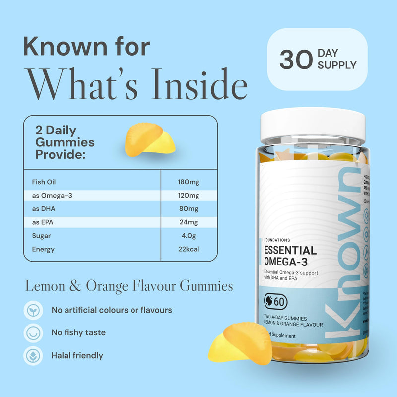 Known Essential Omega 3 Gummies – Lemon & Orange Flavour – Tasty Gummy Alternative to Soft-Gels – 120mg Omega 3 with DHA & EPA – Supports Heart Health & Wellbeing – 1 Month Supply – for Men & Women