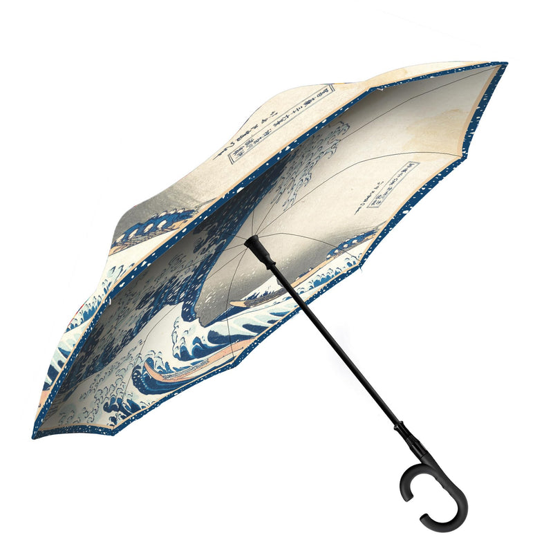 Reverse Inverted (inside-out) Windproof Fine Art Reverse-opening Upside Down Umbrella with C-shaped Handsfree Handle Umbrella Hokusai - The Great Wave