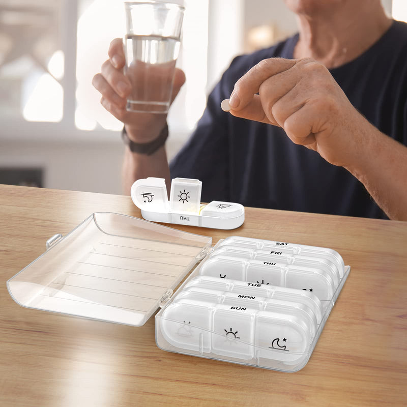 PULIV Weekly Pill Organizer 3 Times a Day, Portable Travel Pill Box 7 Day with Large Pill Containers, Light-Proof Pill Case for Vitamins, Medication, Supplements and Fish Oils (White) White