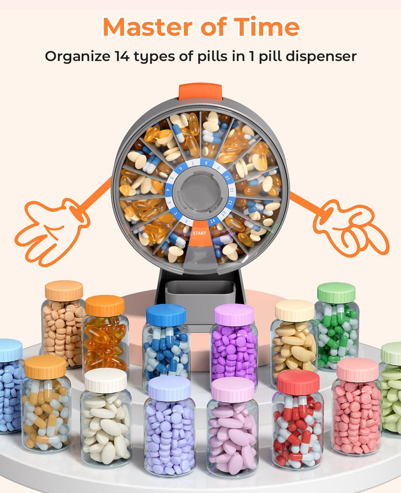 Daviky Daily Pill Dispenser, Large Capacity 14-Day Pill Organizer Box | Push Button Dispensing, Easy Open, Wall-Mounted or Standing, 14 Compartments, Senior-Friendly, for Medication & Vitamins Gray