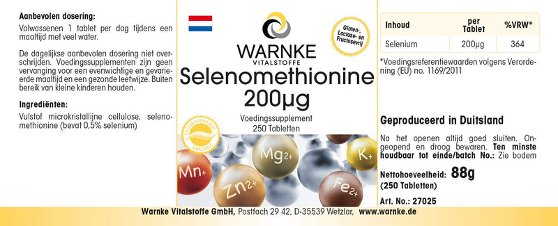 [Australia] - Selenium tablets - 200mcg - Selenomethionine - vegan - 250 tablets | Warnke vital substances - German pharmacy quality 