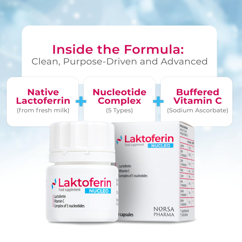 Laktoferin NUCLEO (30 Capsules) | Pure Lactoferrin with 5 Dietary Nucleotides & Buffered Vitamin C (Sodium Ascorbate) | Immune, Iron & Antioxidant Support | Gluten Free Lactoferrin Supplements