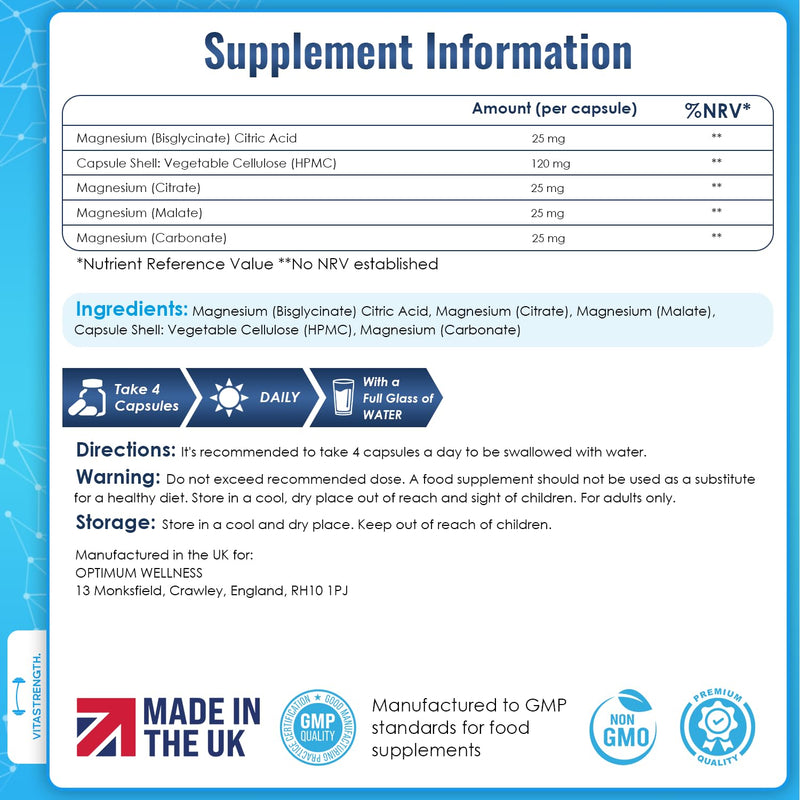 Magnesium Supplement 4 in 1 – 120 Capsules, 400mg Daily Dose-with Magnesium Bisglycinate,Citrate,Malate & Carbonate-Essential Mineral Complex for General Well-Being & Daily Support by VITASTRENGTH.