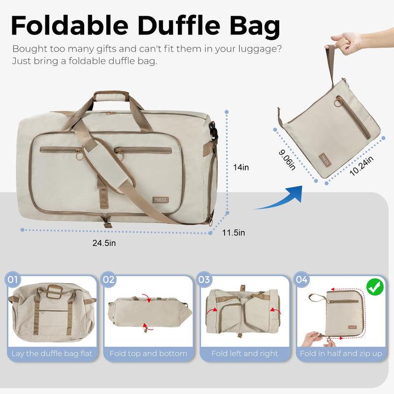 65L Duffle Bag Foldable Travel Duffel Bags for Men Women Travel Bag | Shoes Compartment, 65L Large Capacity, Foldable, Packable, Water Repellent, Tear Resistant, for Traveling Gym Overnight Camp Glossy Beige