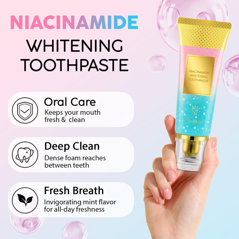 Niacinamide Whitening Toothpaste 100g, 2PCS Teeth Whitening Toothpaste, Protects Tooth Enamel, Fresh Breath, Safe Whitening & Stain Removal 3.8Oz(Mint &Peach Flavor