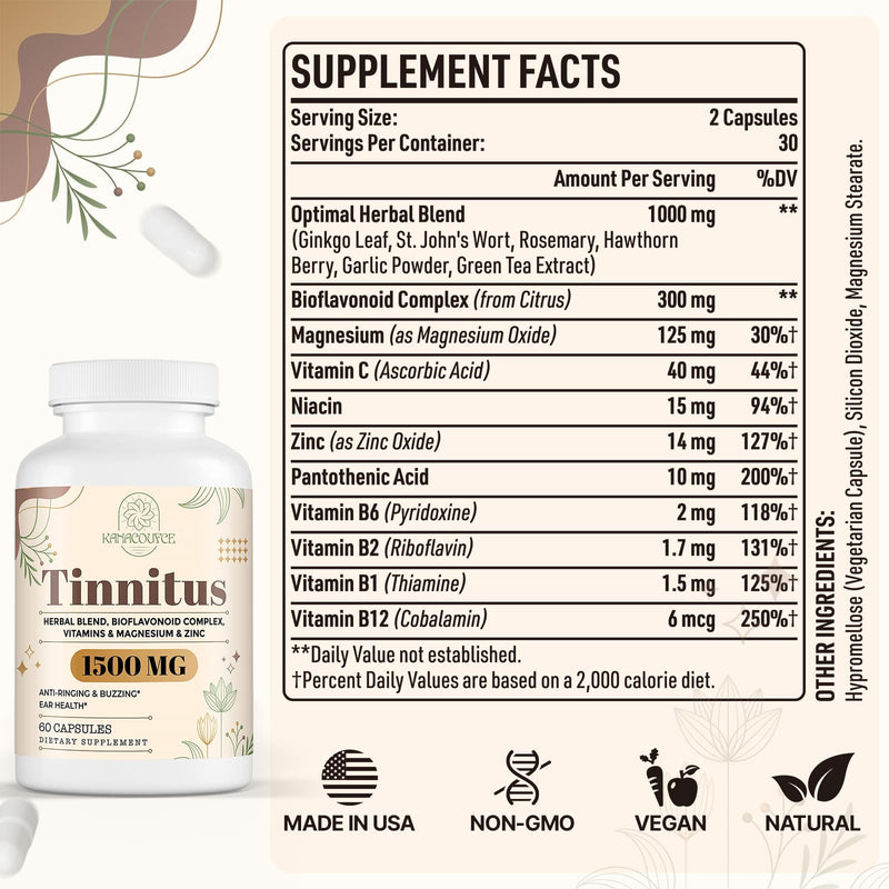 [Australia] - Tinnitus for Ringing Ears 1500 MG, Tinnitus Supplement Ear Ringing, Higher Absorption, Premium Ingredients, Reduce Ear Tinnitus for Women and Men, Made in USA, Non-GMO, 60 Couts 60 Count (Pack of 1) 