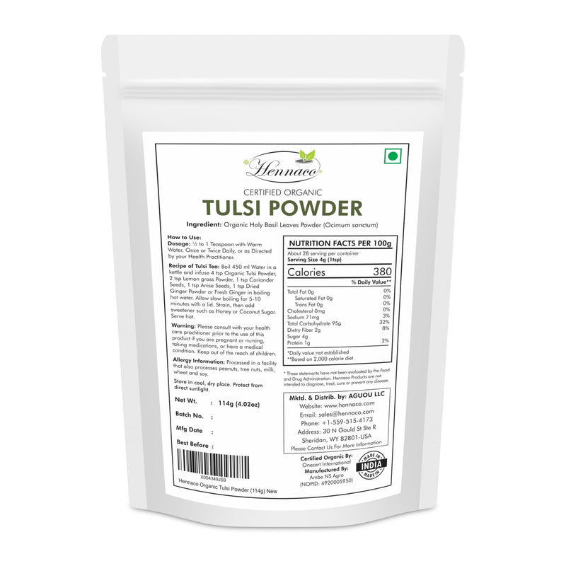 [Australia] - Organic Tulsi Powder - Resealable Zip Lock Pouch, USDA Organic - Premium Quality Holy Basil Powder, 100% Raw, Ayurvedic Herb for Immunity - 114 Grams (4 Oz) 4 Ounce (Pack of 1) 