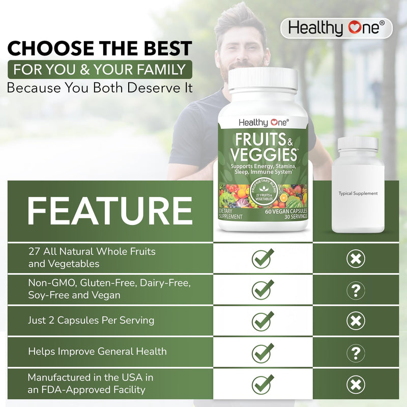Healthy Fruits & Veggies, 27-in-1 Formula, GLP1 Support, Superfoods - 120ct | Immun & GLP1 Support, 1 Serving = 3 Servings Fruits & Vegetables, Energy & Focus, High Fiber, Antioxidants, Kid Safe 120 Count (Pack of 1)