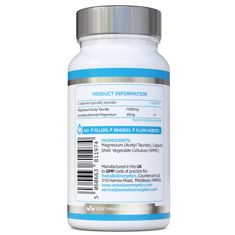 Magnesium Acetyl Taurate 1000mg Daily Dose – 45 Day Supply - Easily Absorbable - PMS, Cramps, Migraine & Sleep Support - No Fillers or Binders – Alternative to Magnesium L-Threonate - UK Made