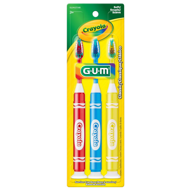 GUM Crayola Marker Children’s Toothbrush, Soft Bristled Kids’ Toothbrush Set Age 5+, Suction Cup Base, 3ct