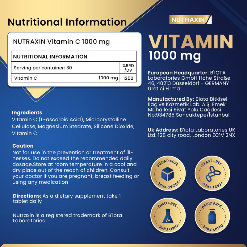 Nutraxin Vitamin C Tablets, 1000mg - Time-Release Formula for Immune Support with Rosa Canina & Citrus Bioflavonoids - Non-GMO, Gluten-Free, No Additives - 30 Tablets for Daily Health & Wellness Vitamin C Tablets – 30 Tablets