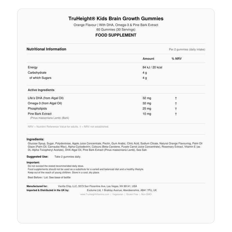 TruHeight Kids Brain Growth Gummies (Orange, Ages 2+) All Natural Kids & Toddler Vitamins - Omega-3, DHA Multivitamin - Brain & Memory Supplements - Gluten Free Supplement Vitamin